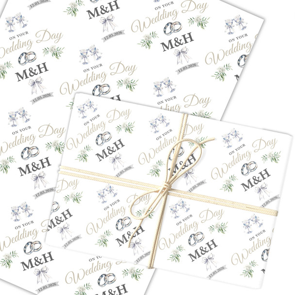 Personalised Wrapping Paper Wedding Day Floral Wedding Rings Custom Gift Wrap