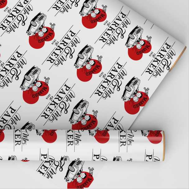 Personalised Wrapping Paper Wedding Day Mr & Mrs Red Heart Just Married Car