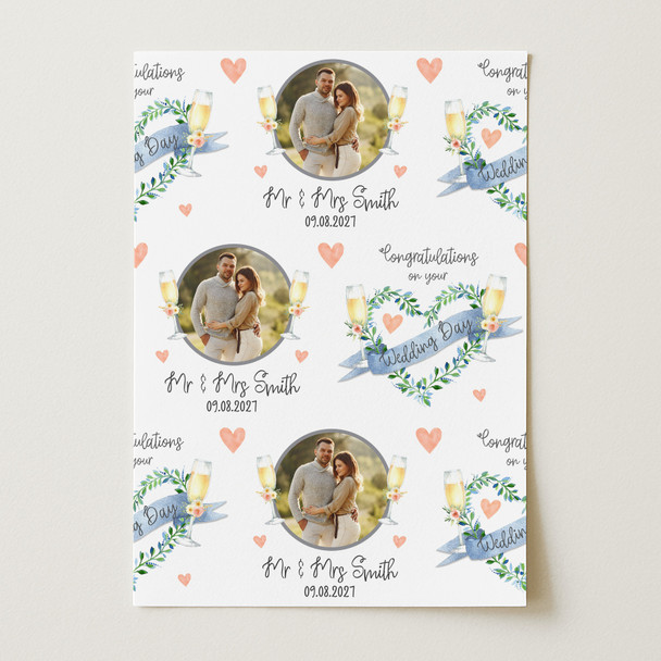 Personalised Wrapping Paper Wedding Day Photo Flower Heart Flutes Gift Wrap