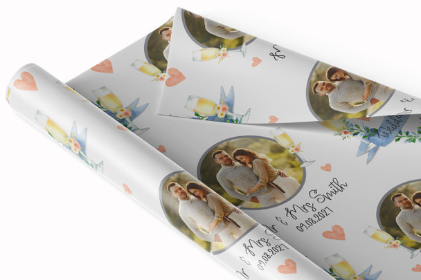 Personalised Wrapping Paper Wedding Day Photo Flower Heart Flutes Gift Wrap