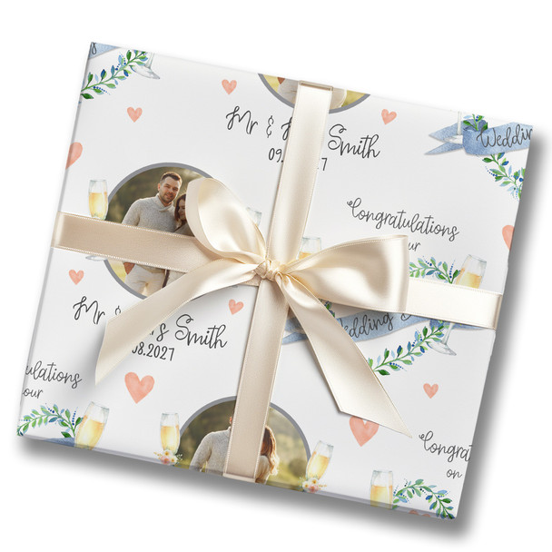 Personalised Wrapping Paper Wedding Day Photo Flower Heart Flutes Gift Wrap