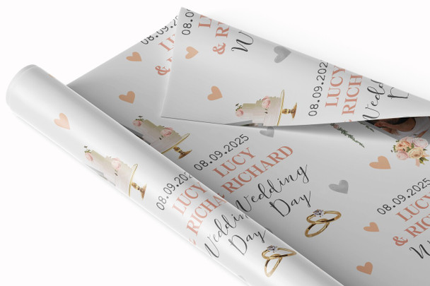 Personalised Wrapping Paper Wedding Day Photo Ring Cake Balloons Gift Wrap