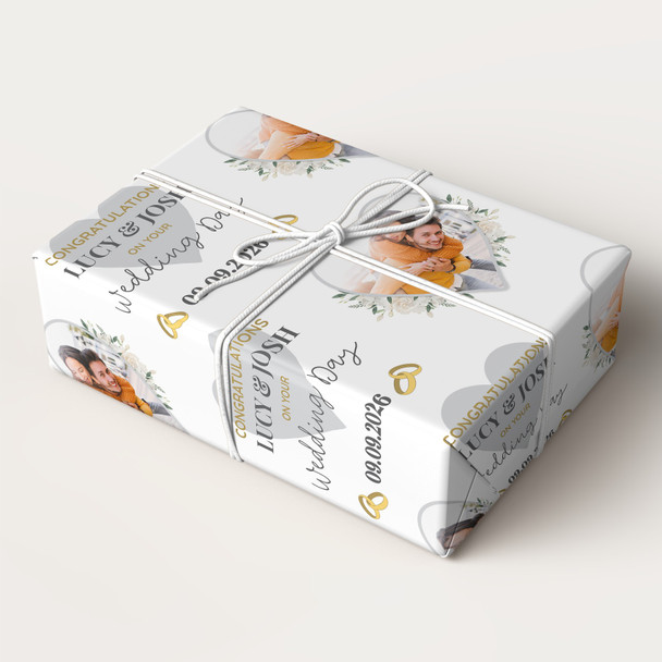 Personalised Wrapping Paper Wedding Day Photo White Flowers Heart Gift Wrap