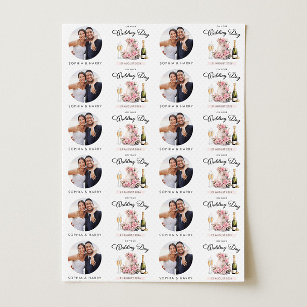 Personalised Wrapping Paper Wedding Day Pink Floral Cake Round Photo Gift Wrap