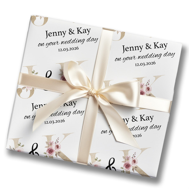 Personalised Wrapping Paper Wedding Day Pink Gold Name Initials Custom Gift Wrap