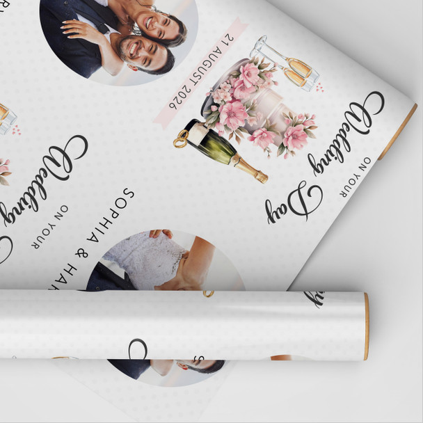 Personalised Wrapping Paper Wedding Day Wedding Pink Floral Cake Round Photo