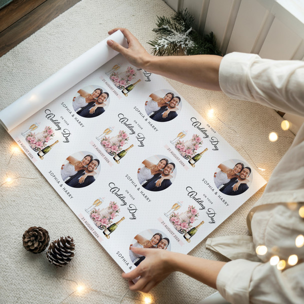 Personalised Wrapping Paper Wedding Day Wedding Pink Floral Cake Round Photo