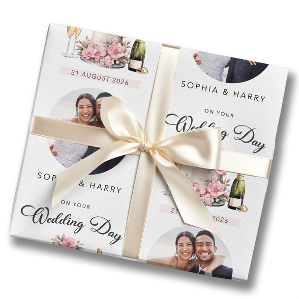 Personalised Wrapping Paper Wedding Day Wedding Pink Floral Cake Round Photo