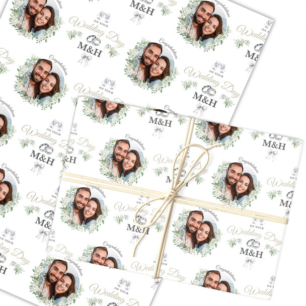 Personalised Wrapping Paper Wedding Day White Floral Wedding Rings Round Photo