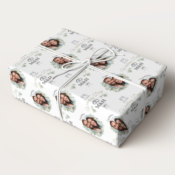 Personalised Wrapping Paper Wedding Day White Floral Wedding Rings Round Photo