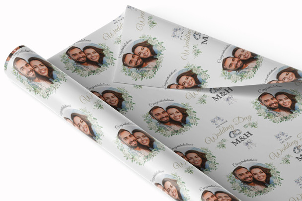 Personalised Wrapping Paper Wedding Day White Floral Wedding Rings Round Photo