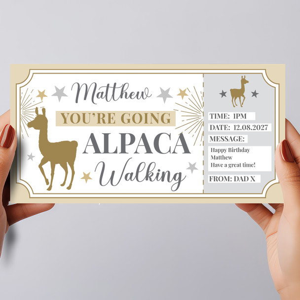 Alpaca Walking Stars Gold Personalised Gift Voucher Surprise Ticket