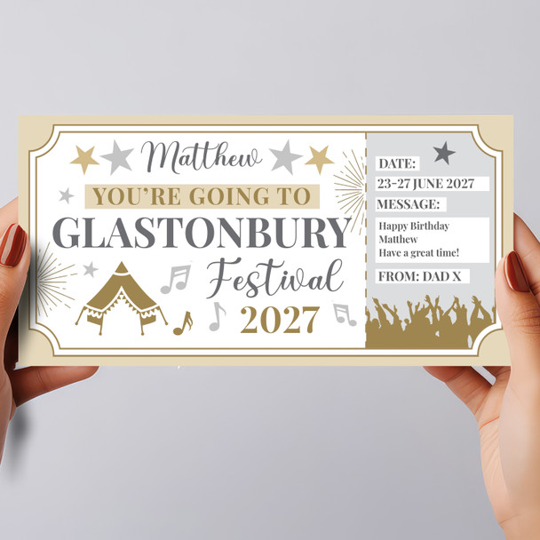 Glastonbury Festival Stars Gold Personalised Gift Voucher Surprise Ticket