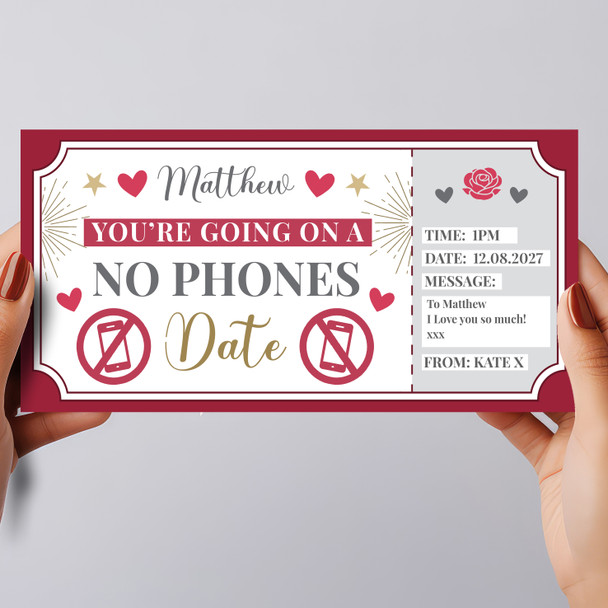 No Phones Date Hearts Red Personalised Gift Voucher Surprise Ticket