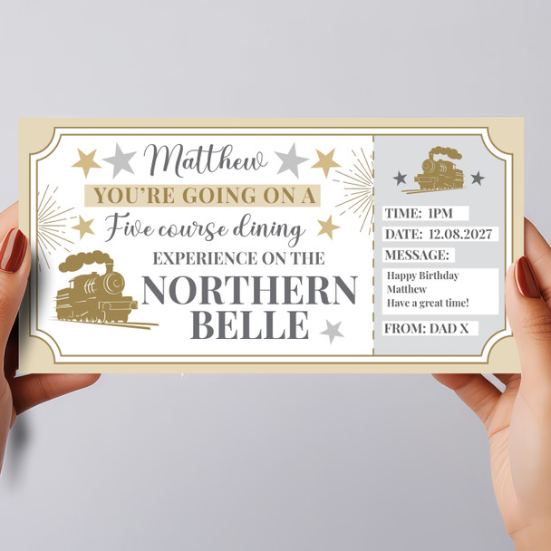 Steam Train Northern Belle Stars Gold Personalised Gift Voucher Surprise Ticket