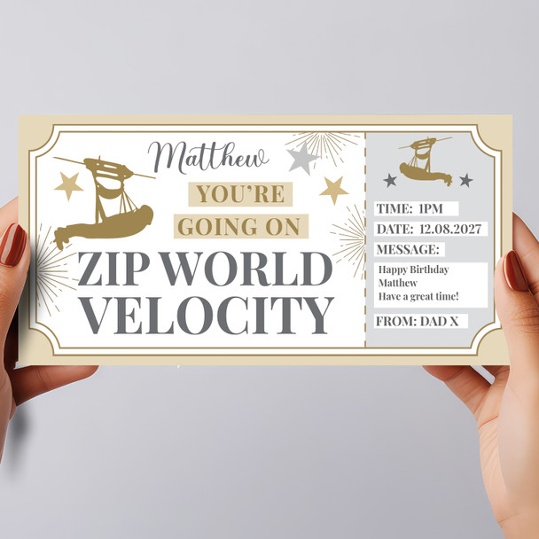 Zip World Velocity Stars Gold Personalised Gift Voucher Surprise Ticket