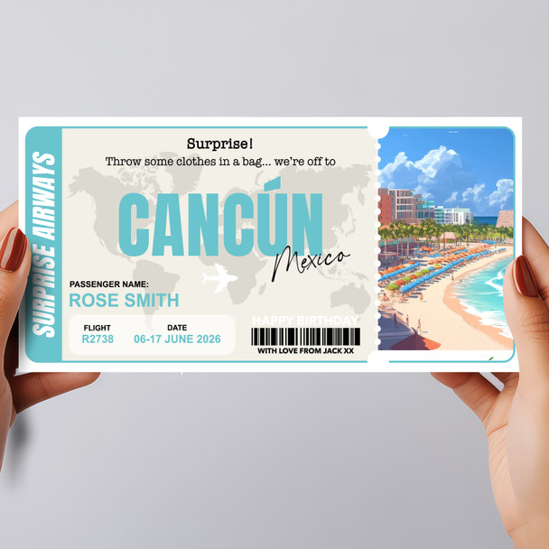 Cancun Boarding Pass Personalised Gift Voucher Surprise Trip Holiday Ticket