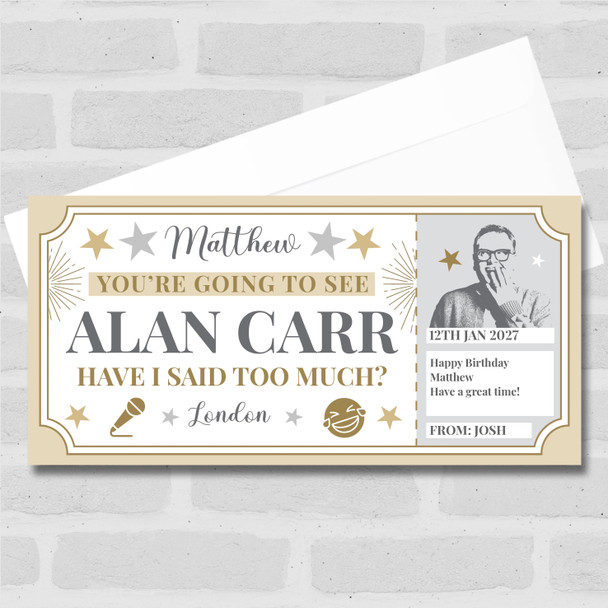 Alan Carr Comedy Show Stars Gold Personalised Surprise Ticket Gift Voucher