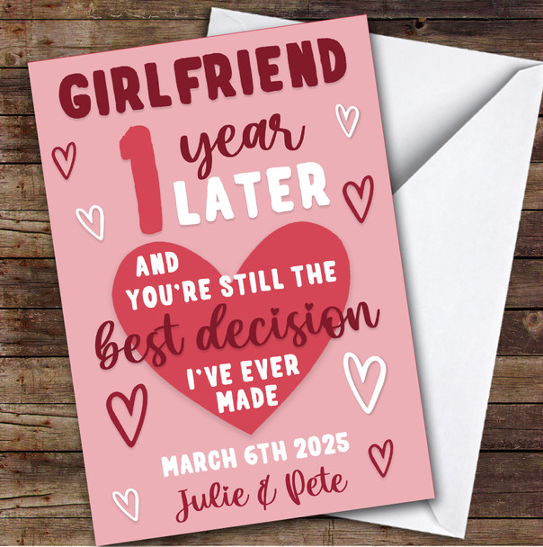 Anniversary Card Personalised 1st Girlfriend Year Best Decision Pink