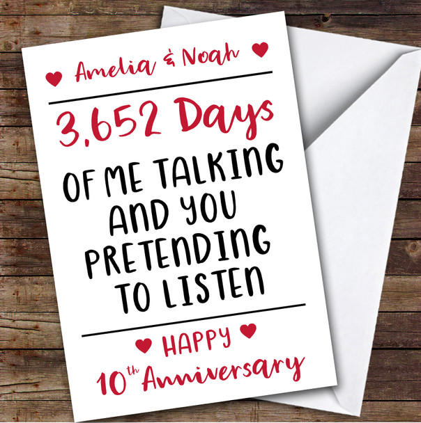 Anniversary Card Personalised 10th Pretending To Listen Funny Days