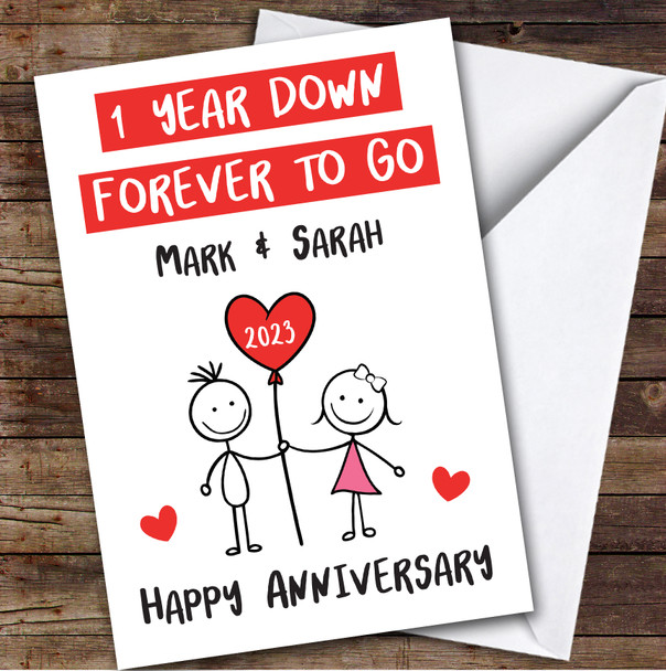 Anniversary Card Personalised 1st Year Down Forever To Go Stickmen