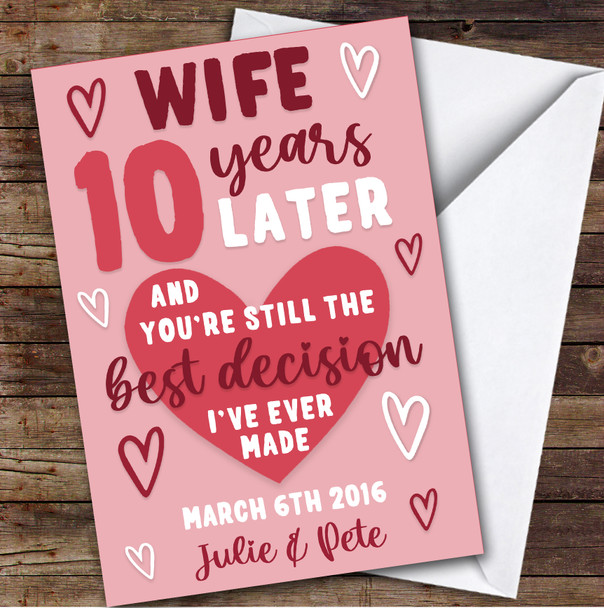 Anniversary Card Personalised 10th Wife Years Best Decision Pink