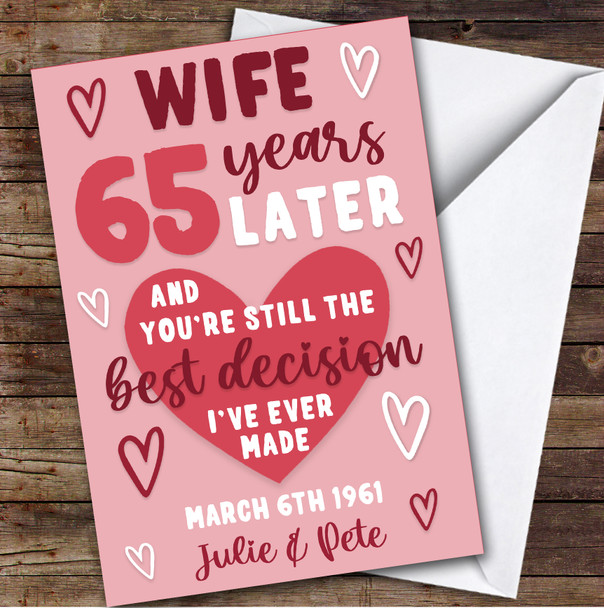 Anniversary Card Personalised 65th Wife Years Best Decision Pink