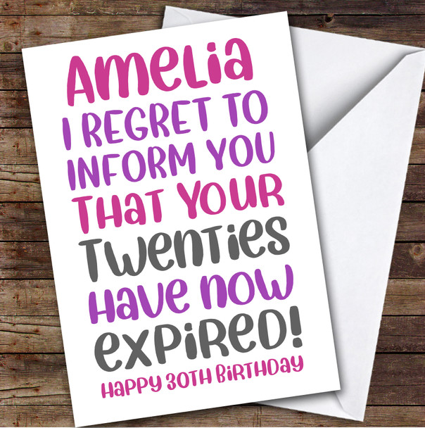 Birthday Card Personalised 30th Female Twenties Expired Funny Pink