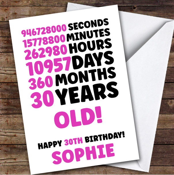 Pink 30th Birthday Card Personalised Seconds Minutes Hours Days