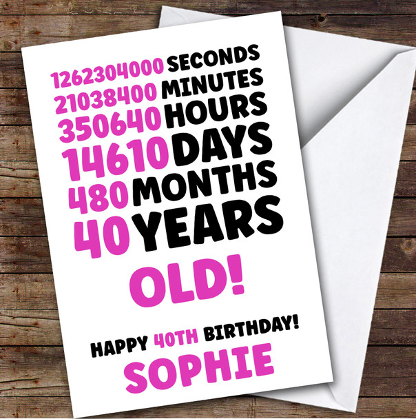 Pink 40th Birthday Card Personalised Seconds Minutes Hours Days