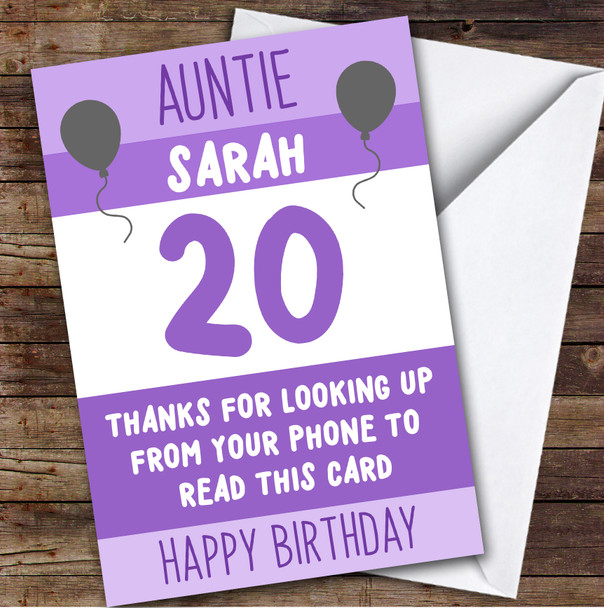Birthday Card Personalised 20th Auntie Funny Phone