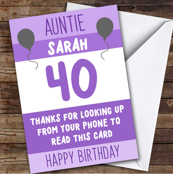 Birthday Card Personalised 40th Auntie Funny Phone