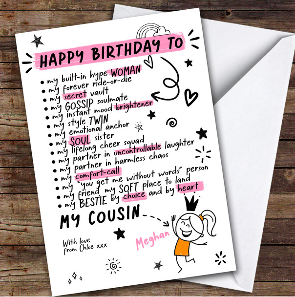 Female Cousin Funny Doodles Birthday Card Personalised