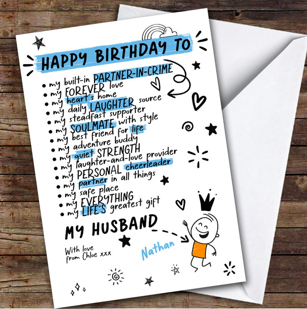 Husband Funny Doodles Birthday Card Personalised
