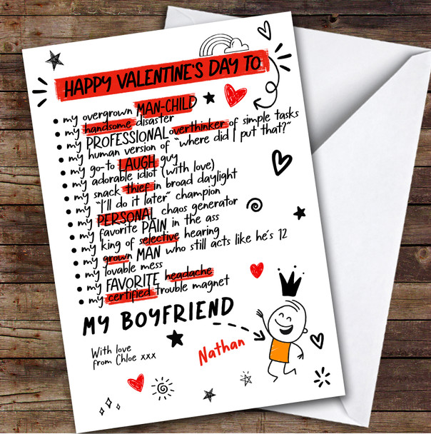 Boyfriend Funny Doodles Valentine's Day Card Personalised
