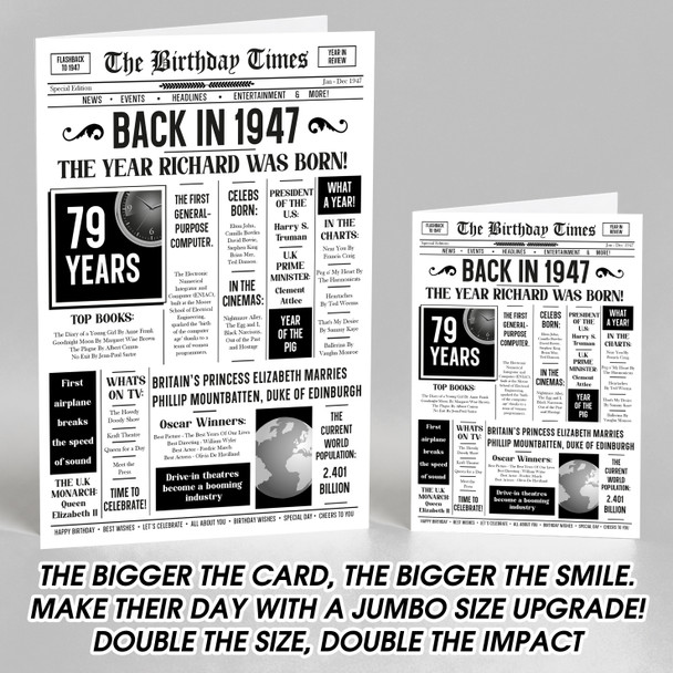 Born In 1947 White Newspaper Birthday Facts Any Year Any Age Personalised Card