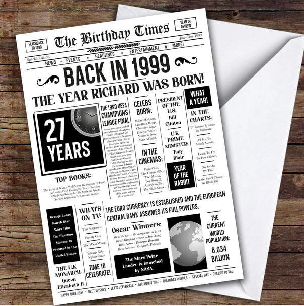 Born In 1999 White Newspaper Birthday Facts Any Year Any Age Personalised Card