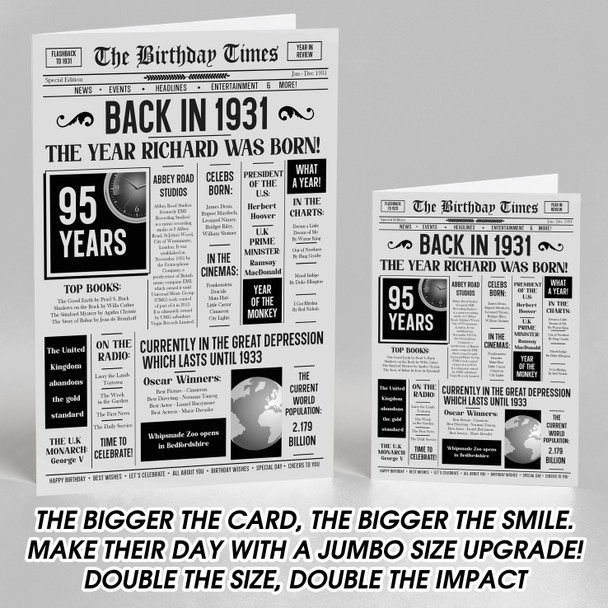 Born In 1931 Grey Newspaper Birthday Facts Any Year Any Age Personalised Card