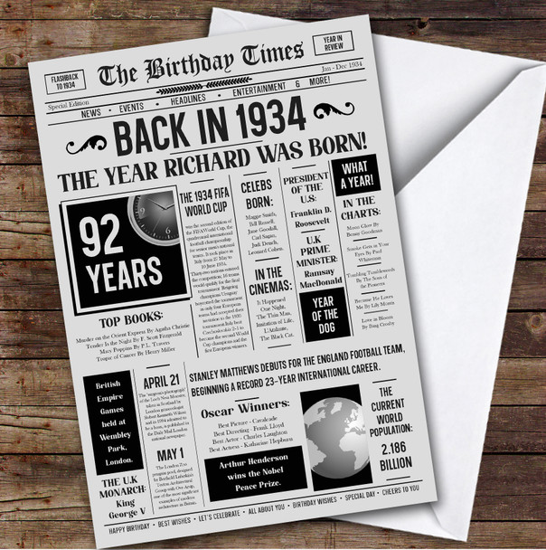 Born In 1934 Grey Newspaper Birthday Facts Any Year Any Age Personalised Card