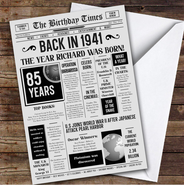 Born In 1941 Grey Newspaper Birthday Facts Any Year Any Age Personalised Card