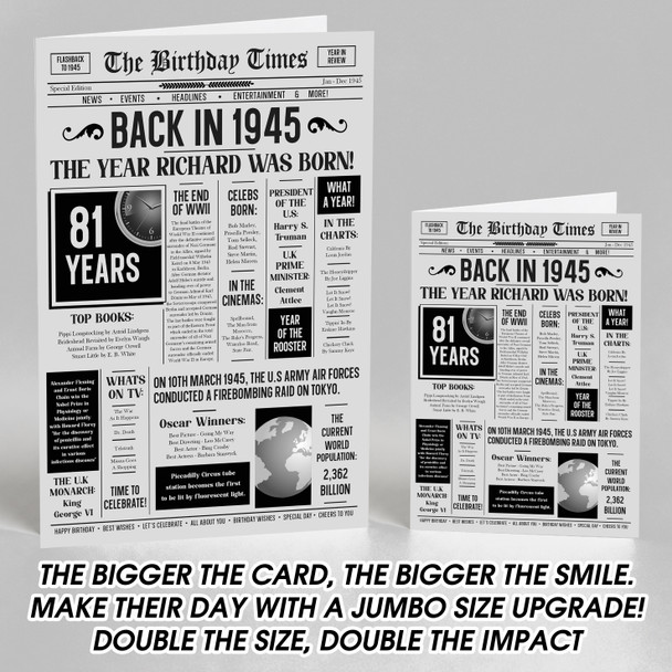 Born In 1945 Grey Newspaper Birthday Facts Any Year Any Age Personalised Card