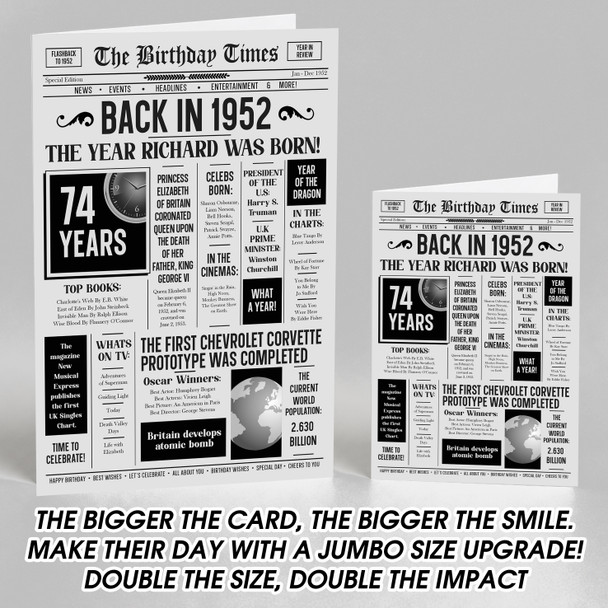 Born In 1952 Grey Newspaper Birthday Facts Any Year Any Age Personalised Card