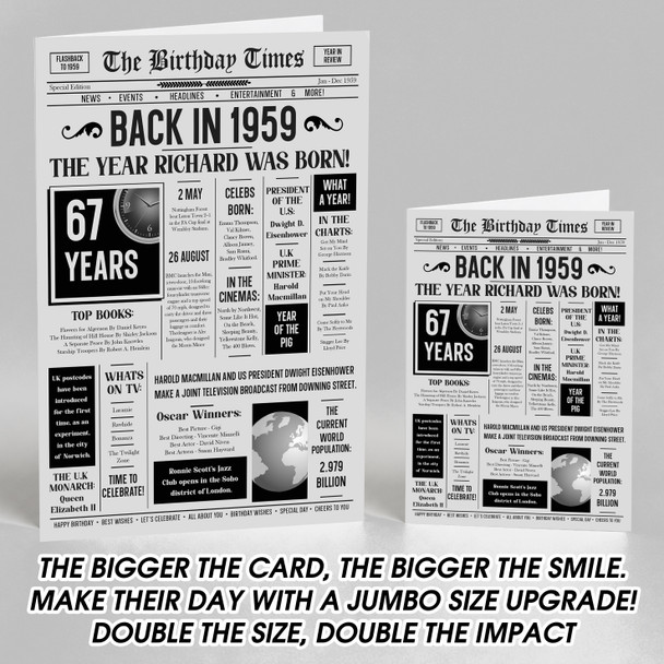 Born In 1959 Grey Newspaper Birthday Facts Any Year Any Age Personalised Card