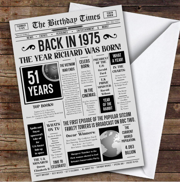 Born In 1975 Grey Newspaper Birthday Facts Any Year Any Age Personalised Card