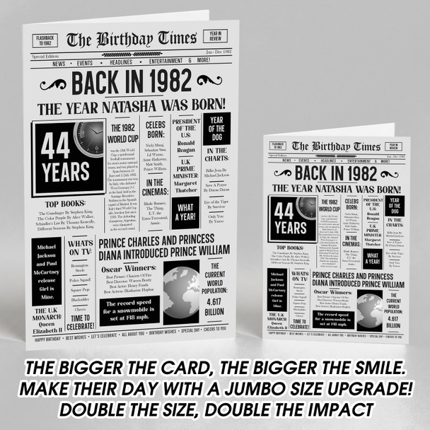 Born In 1982 Grey Newspaper Birthday Facts Any Year Any Age Personalised Card