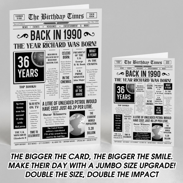 Born In 1990 Grey Newspaper Birthday Facts Any Year Any Age Personalised Card