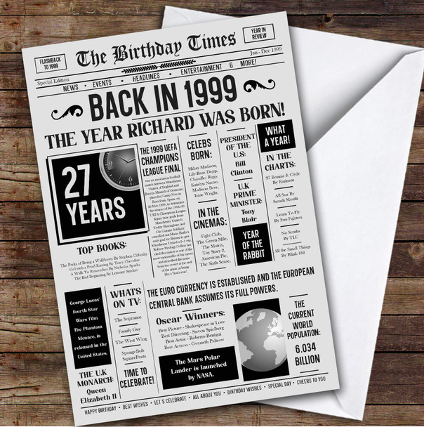 Born In 1999 Grey Newspaper Birthday Facts Any Year Any Age Personalised Card