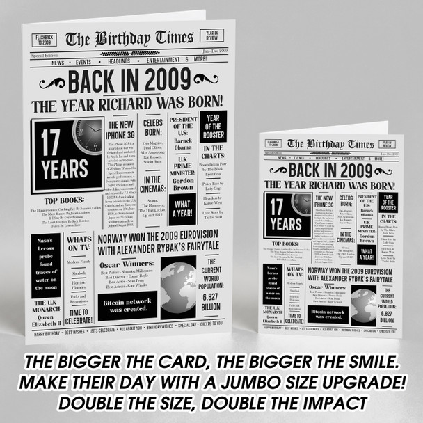 Born In 2009 Grey Newspaper Birthday Facts Any Year Any Age Personalised Card