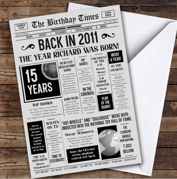 Born In 2011 Grey Newspaper Birthday Facts Any Year Any Age Personalised Card