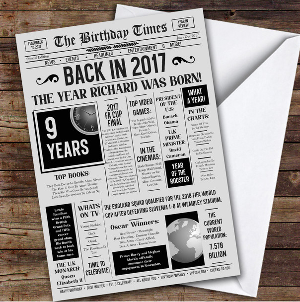 Born In 2017 Grey Newspaper Birthday Facts Any Year Any Age Personalised Card